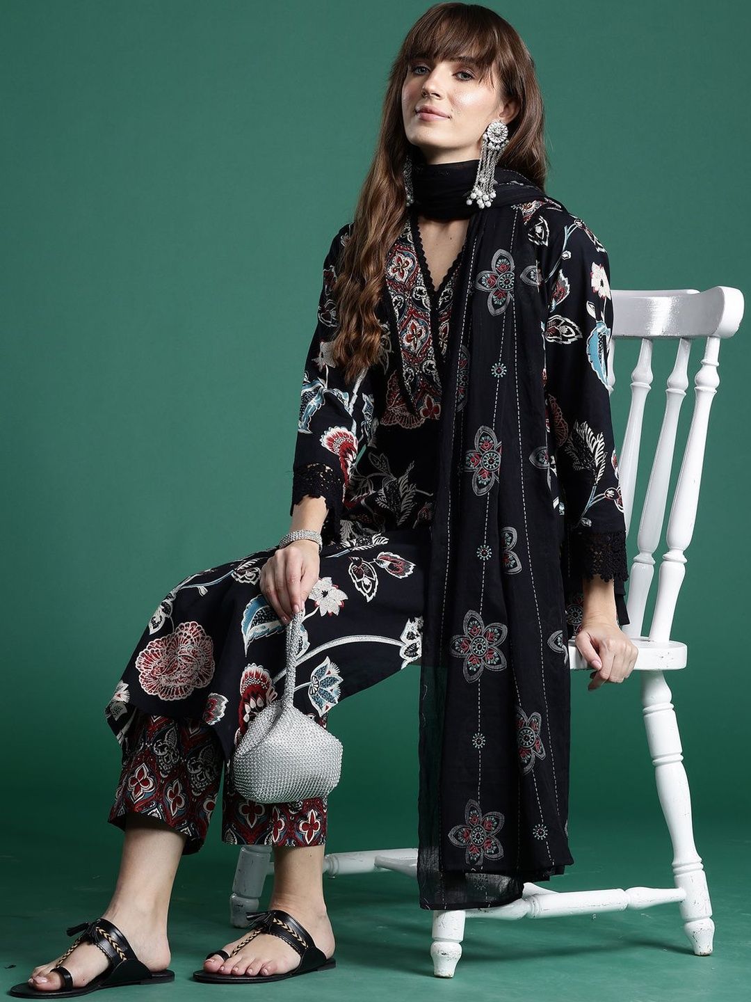 Women Floral Printed Regular Pure Cotton Kurta with Trousers & With Dupatta