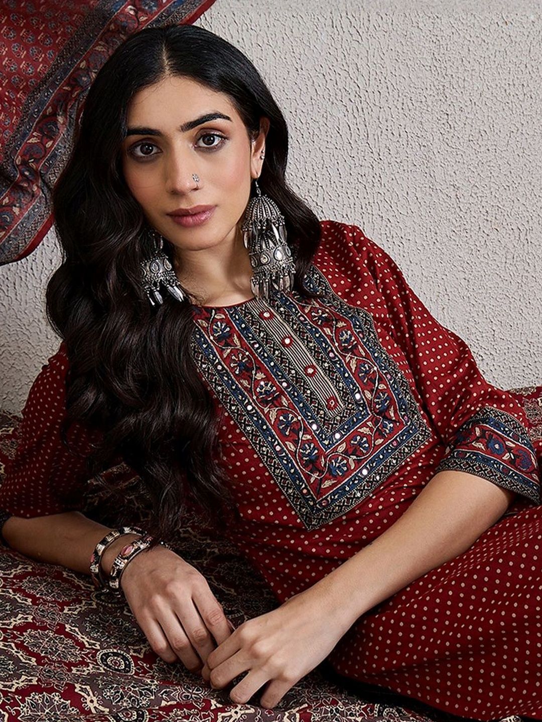 Women Ethnic Motifs Printed Regular Mirror Work Pure Cotton Kurta with Trousers & With Dupatta