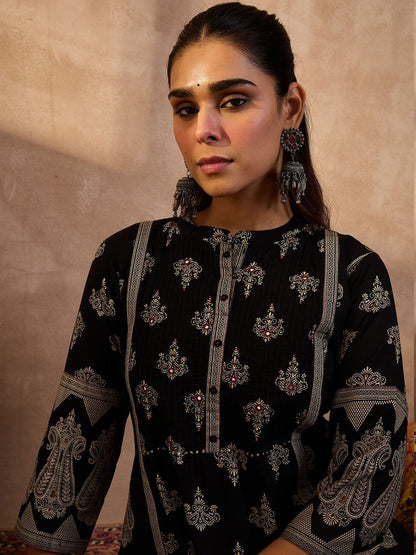 Ethnic Motifs Printed Panelled Band Collar Sequinned Pure Cotton Kurta & Trousers
