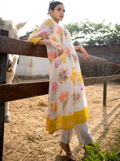 Dhiyona IE Floral Printed Pleated Pure Cotton A-Line Kurta With Trousers