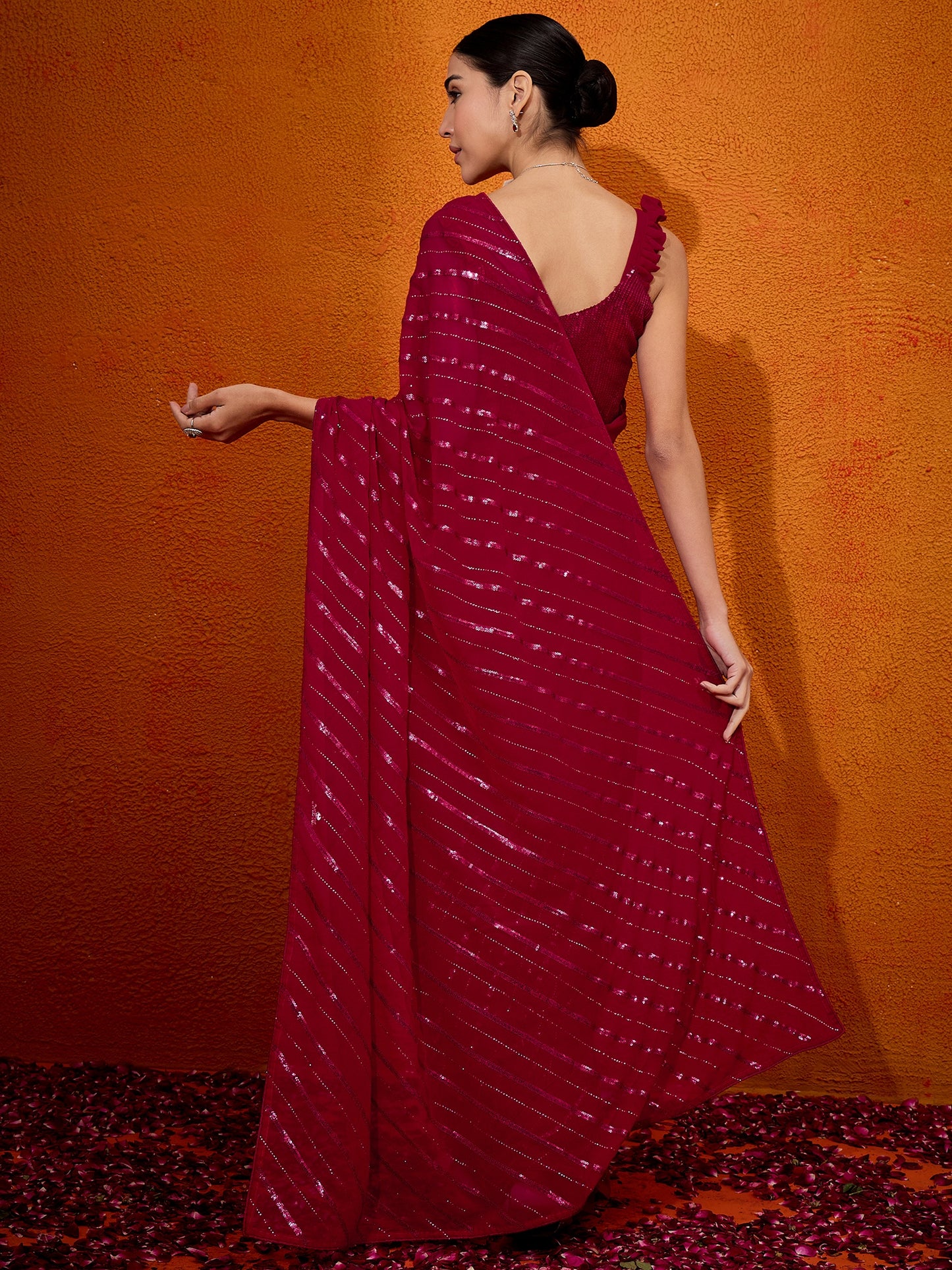 Women's Georgette Pink Embellished Designer Saree With Blouse Piece