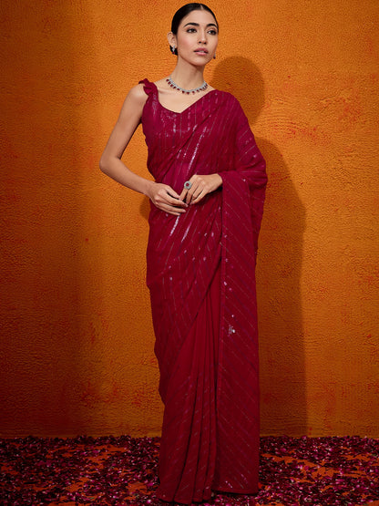 Women's Georgette Pink Embellished Designer Saree With Blouse Piece