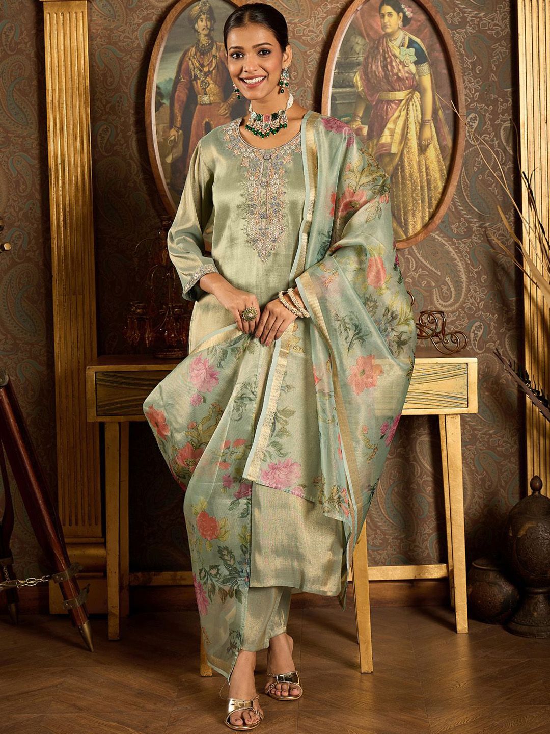 Dhiyona IE Ethnic Motifs Embroidered Zari Liva Kurta With Trousers & Dupatta