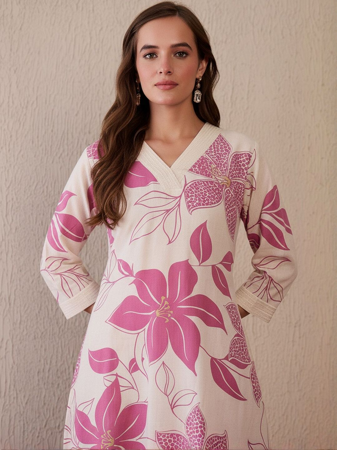 Floral Printed V-Neck Pure Cotton A-Line Kurta With Trousers