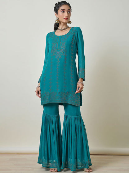 Dhiyona SO Women's Floral Embroidered Beads and Stones Straight Kurti with Sharara & Dupatta