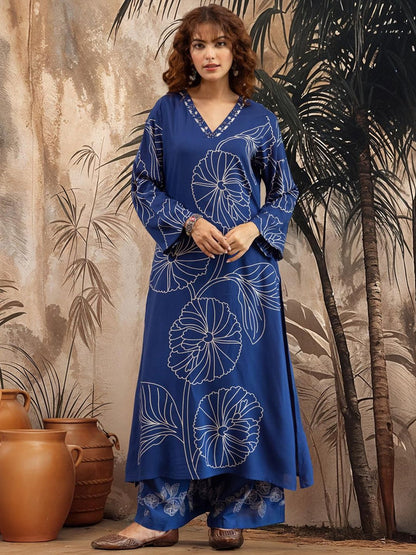Dhiyona SN Women's Floral Printed V-Neck Straight Kurta & Palazzo