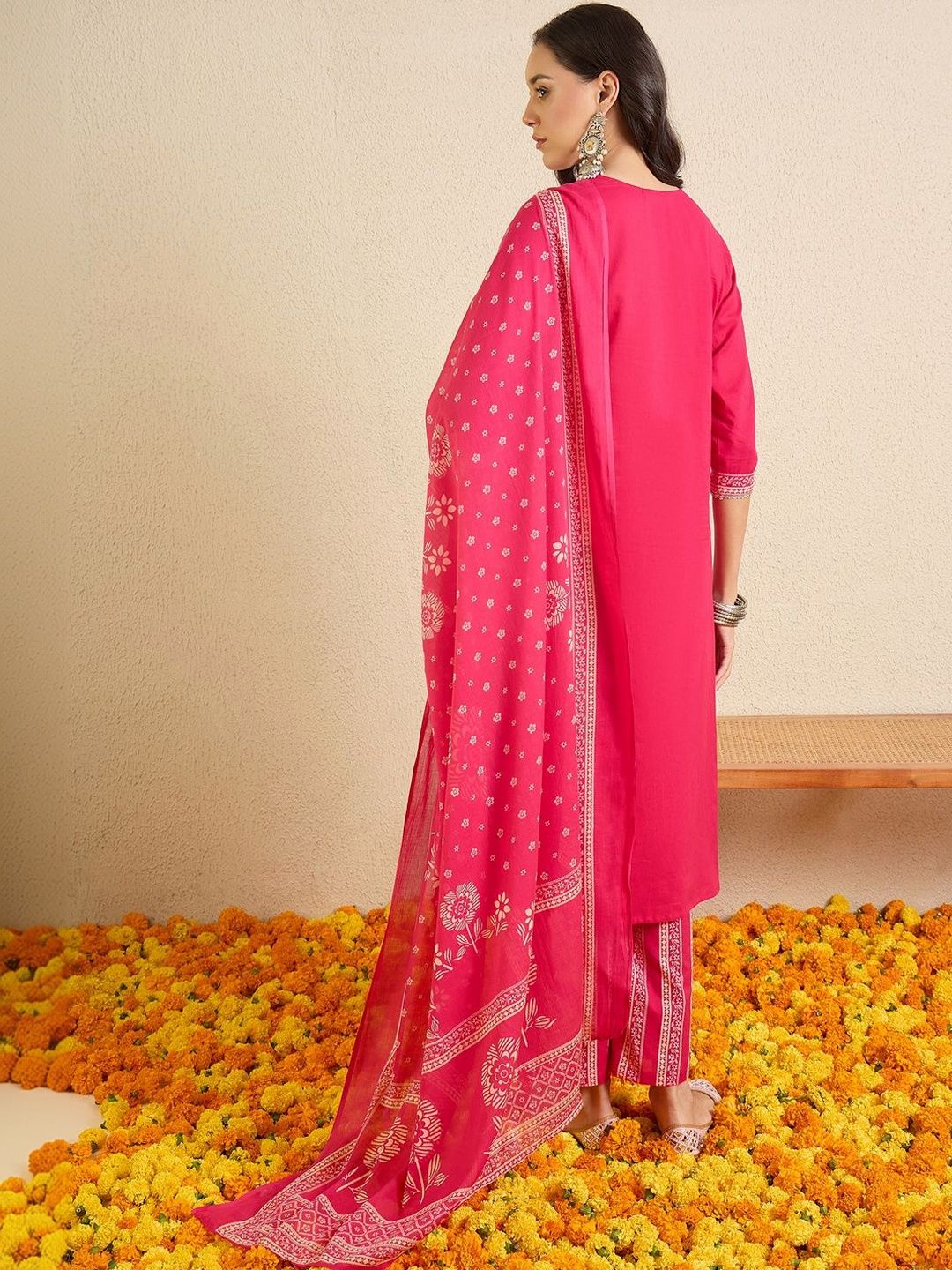 Women Ethnic Motifs Printed Regular Beads and Stones Pure Cotton Kurta with Trousers & With Dupatta