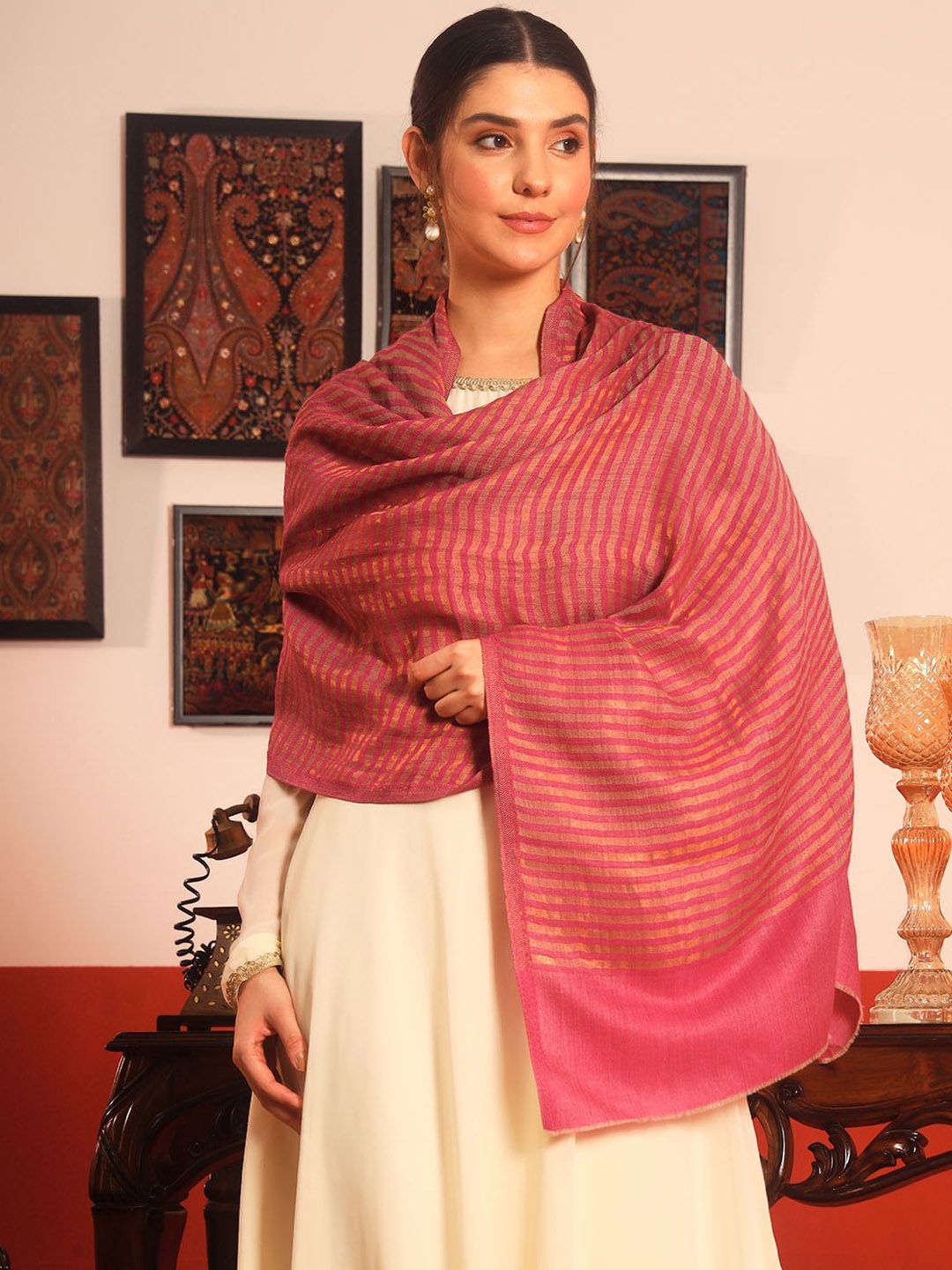 Dhiyona PA Striped Reversible Fringed Border Zari Shawl