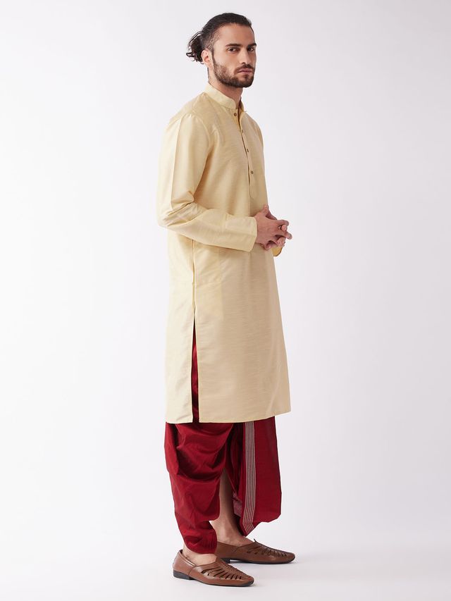 Men's Gold Silk Blend Straight Kurta and Dhoti Set