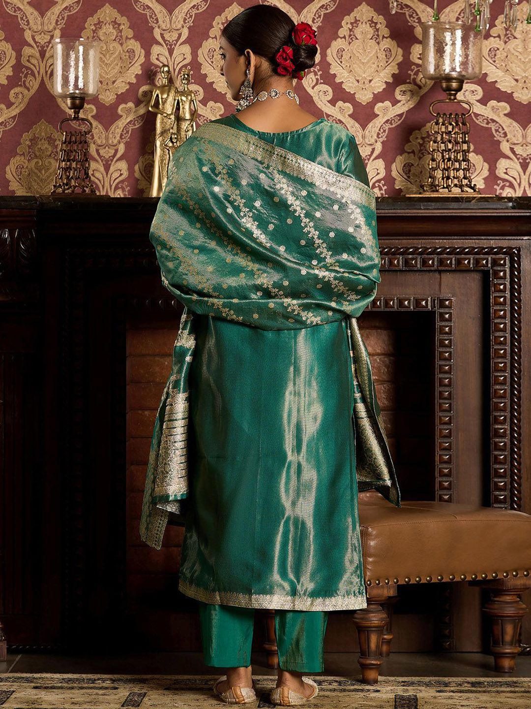 Ethnic Motifs Woven Design Zari Straight Kurta With Trousers & Dupatta