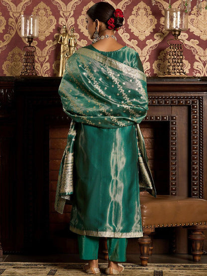 Ethnic Motifs Woven Design Zari Straight Kurta With Trousers & Dupatta
