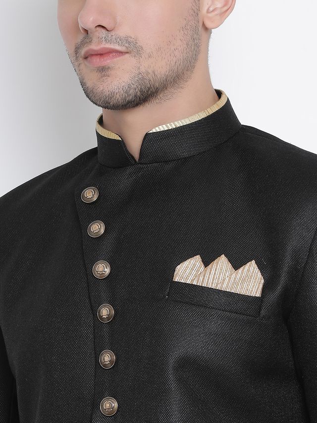 Men's Black Polyester Lurex Blend Straight Sherwani Set