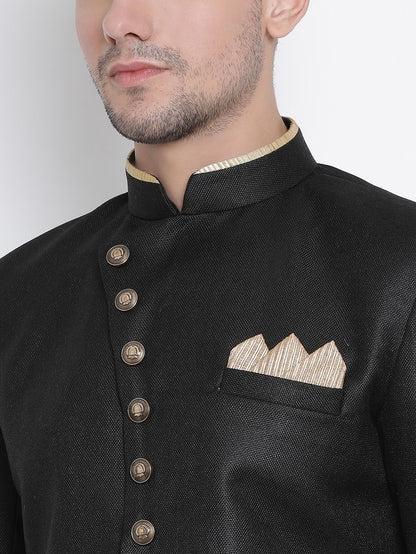 Men's Black Polyester Lurex Blend Straight Sherwani Set