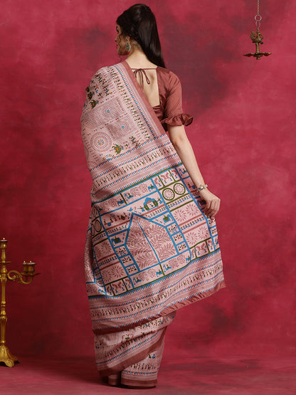 Women's Bhagalpuri Silk Rose Gold Printed Designer Saree With Blouse Piece