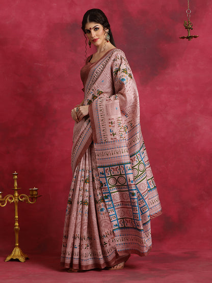 Women's Bhagalpuri Silk Rose Gold Printed Designer Saree With Blouse Piece