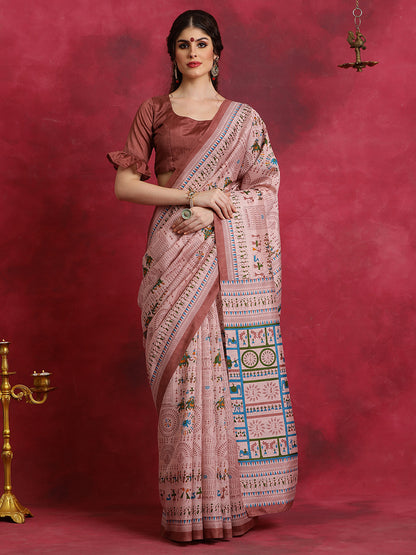 Women's Bhagalpuri Silk Rose Gold Printed Designer Saree With Blouse Piece