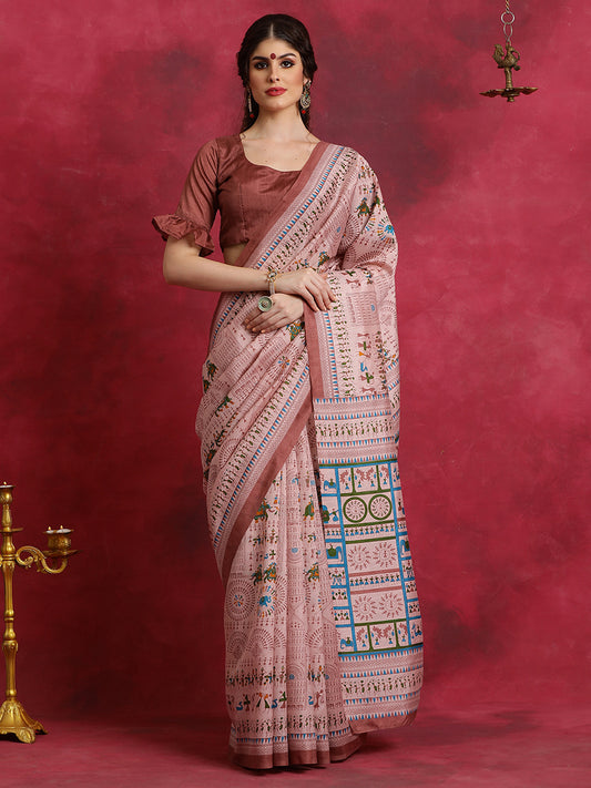 Women's Bhagalpuri Silk Rose Gold Printed Designer Saree With Blouse Piece