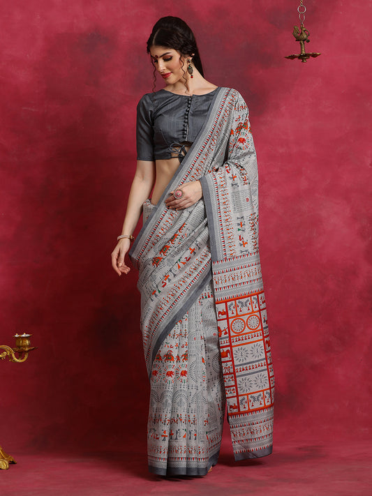 Women's Bhagalpuri Silk Grey Printed Designer Saree With Blouse Piece