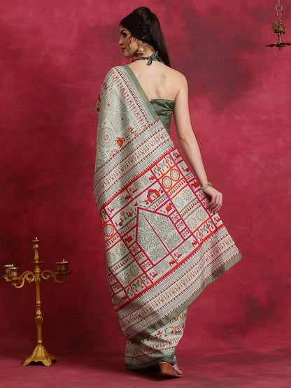 Women's Bhagalpuri Silk Light Green Printed Designer Saree With Blouse Piece