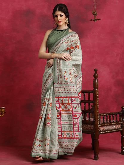 Women's Bhagalpuri Silk Light Green Printed Designer Saree With Blouse Piece