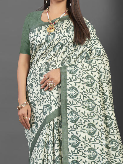 Women's Bhagalpuri Silk Off White Printed Designer Saree With Blouse Piece