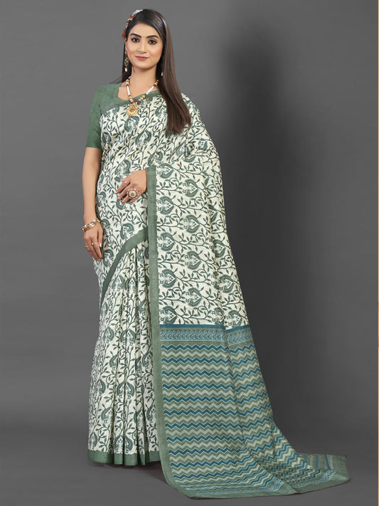 Women's Bhagalpuri Silk Off White Printed Designer Saree With Blouse Piece