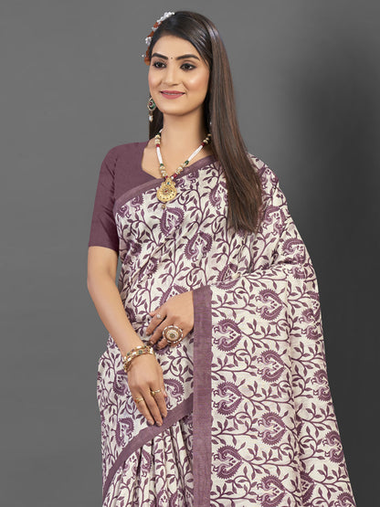 Women's Bhagalpuri Silk Off White Printed Designer Saree With Blouse Piece