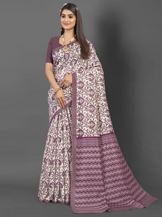 Women's Bhagalpuri Silk Off White Printed Designer Saree With Blouse Piece