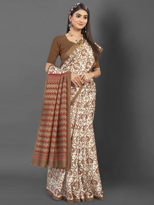 Women's Bhagalpuri Silk Off White Printed Designer Saree With Blouse Piece