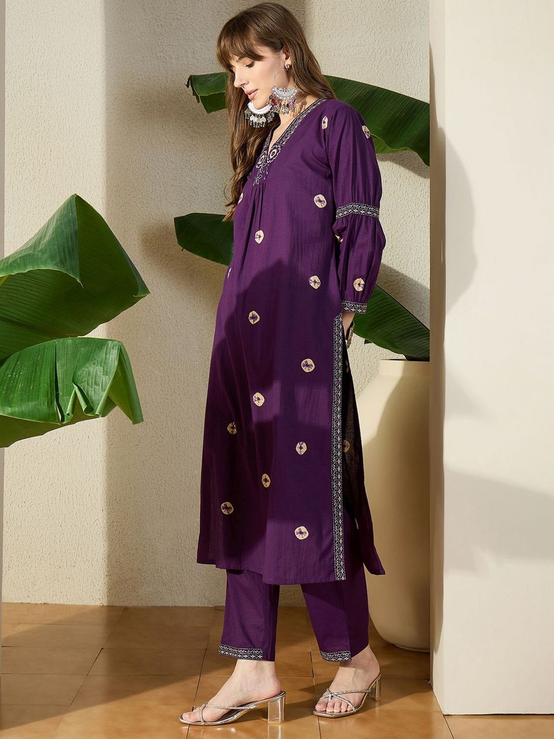 Women Ethnic Motifs Printed Regular Thread Work Pure Cotton Kurta with Trousers