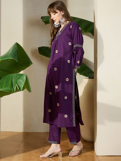 Women Ethnic Motifs Printed Regular Thread Work Pure Cotton Kurta with Trousers