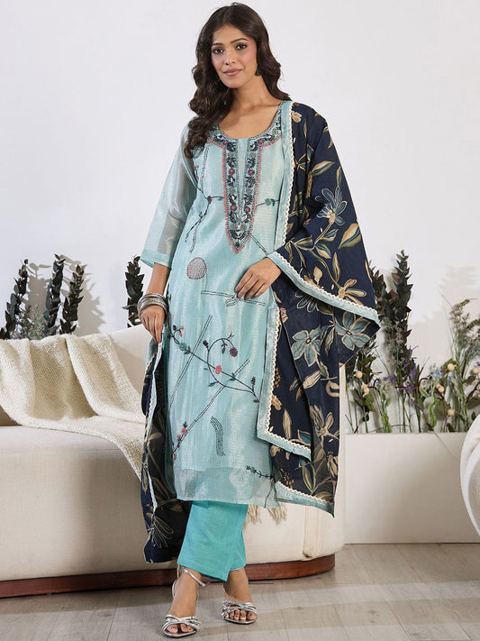Dhiyona IE Floral Embroidered Thread Work Pure Cotton Kurta with Trouser & Dupatta