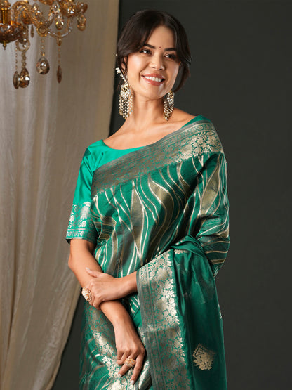 Women's Organza Teal green Woven Design Designer Saree With Blouse Piece