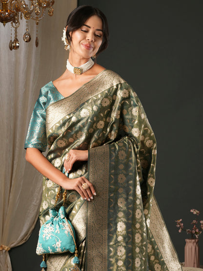 Women's Organza Blue Woven Design Designer Saree With Blouse Piece