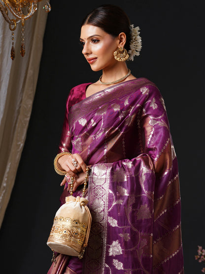 Women's Organza Pink Woven Design Designer Saree With Blouse Piece