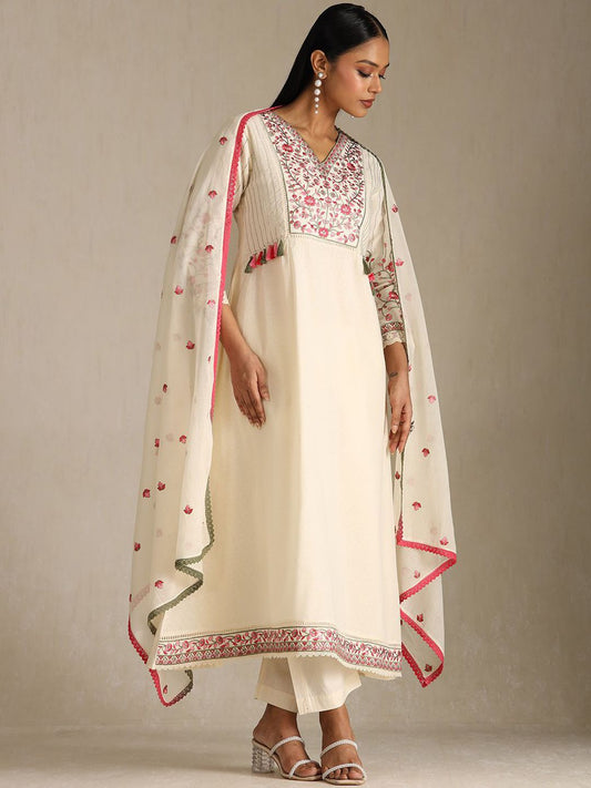 Dhiyona SO Women's Women Floral Printed Regular Thread Work Kurta with Trousers & With Dupatta