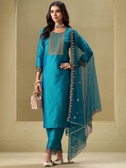 Dhiyona SN Women's Floral Embroidered Straight Kurta & Trousers With Dupatta