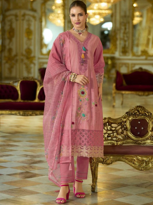 Dhiyona VA Women's Floral Embroidered Cotton Kurta with Trouser & Dupatta