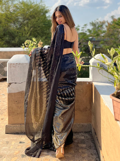 Women's Georgette Black Embellished Designer Saree With Blouse Piece