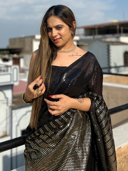 Women's Georgette Black Embellished Designer Saree With Blouse Piece