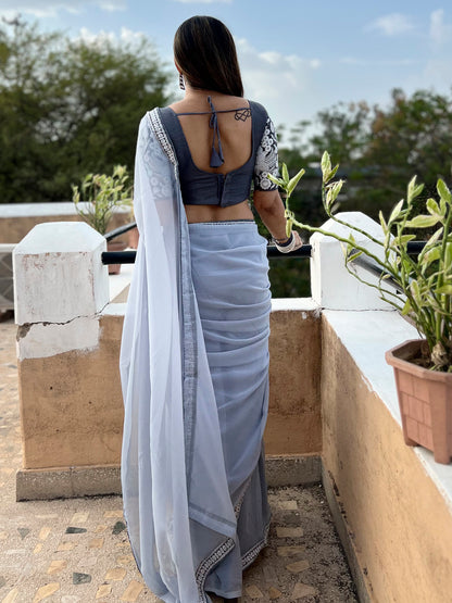 Women's Georgette Grey Embellished Designer Saree With Blouse Piece