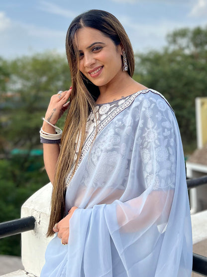 Women's Georgette Grey Embellished Designer Saree With Blouse Piece