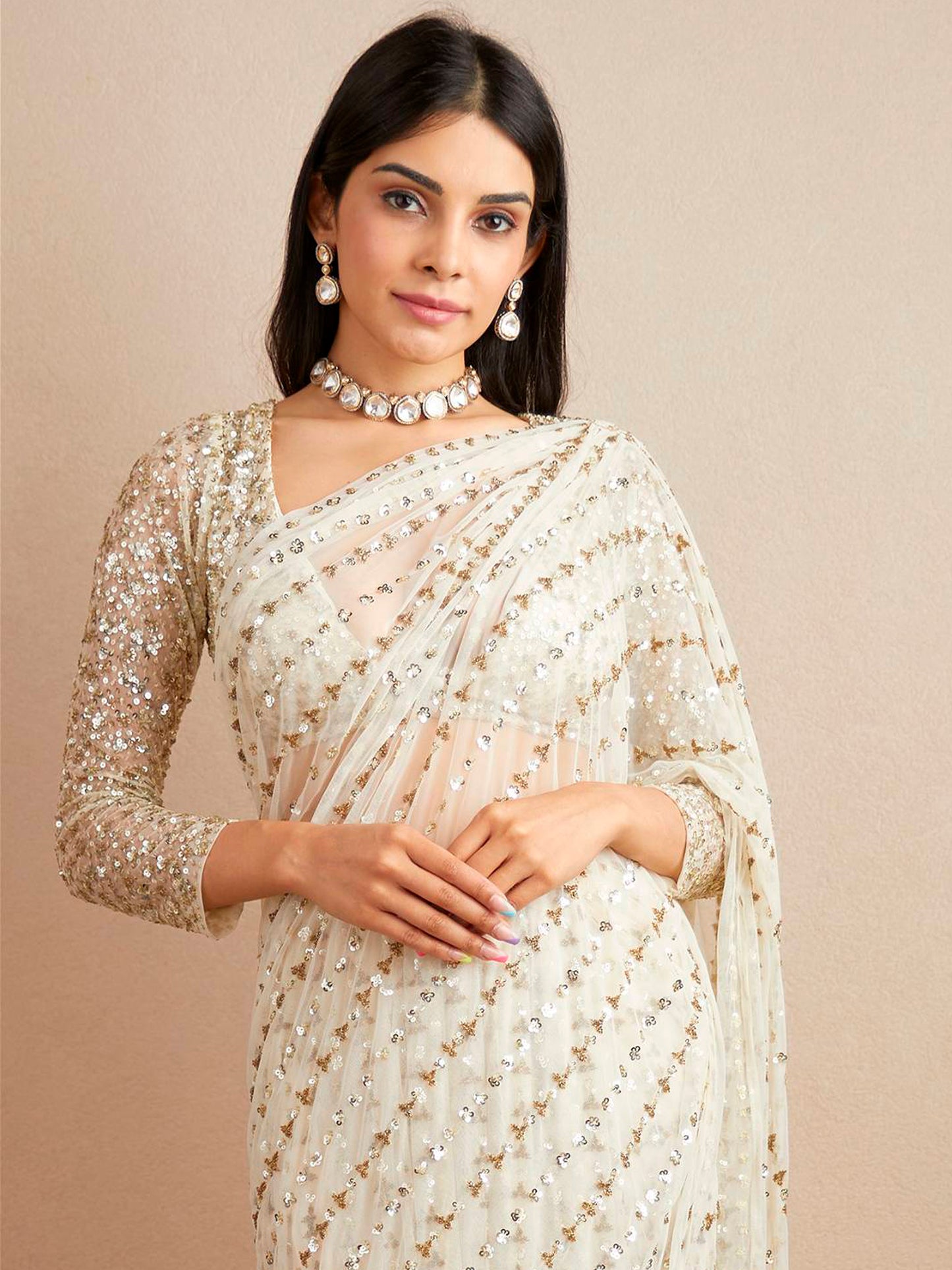 Women's Georgette Off White Embellished Designer Saree With Blouse Piece