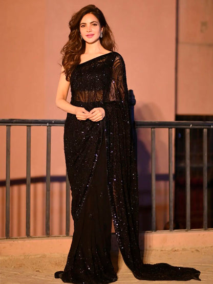 Women's Georgette Black Embellished Designer Saree With Blouse Piece