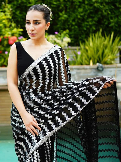 Women's Georgette Black Embellished Designer Saree With Blouse Piece