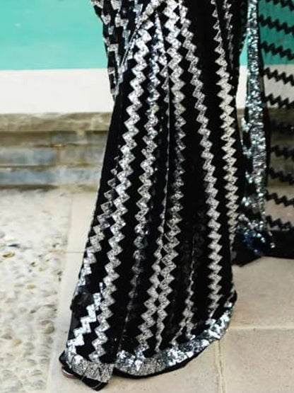 Women's Georgette Black Embellished Designer Saree With Blouse Piece