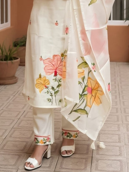 Floral Embroidered Thread Work Straight Kurta With Trousers & Dupatta