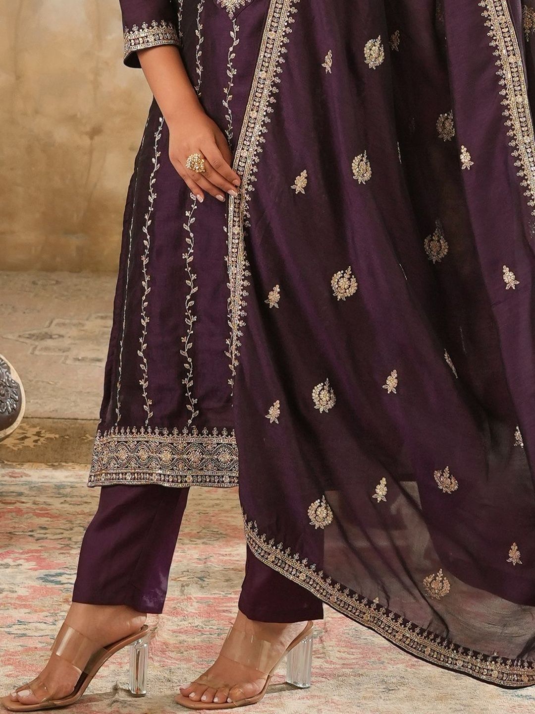 Women Ethnic Motifs Embroidered Regular Thread Work Kurta with Trousers & With Dupatta