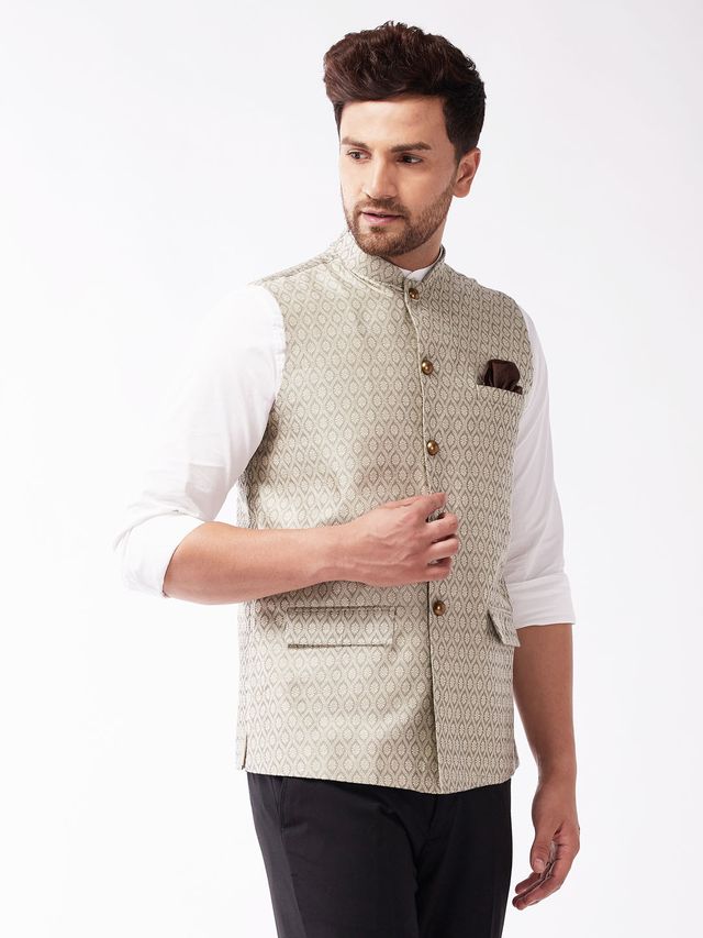 Men's Beige Silk Blend Straight Nehru Jacket
