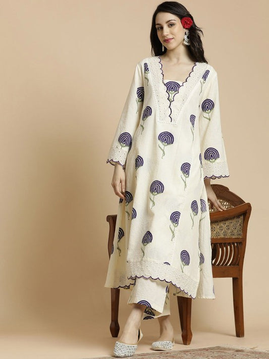Women's Floral Printed Bell Sleeves Thread Work Pure Cotton A-Line Kurta With Palazzos